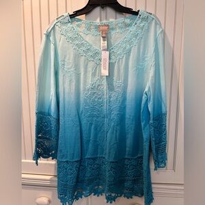 Chico's Ombré Lace Popover Top Seaway Blue